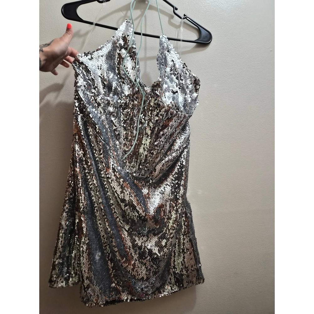Fashion Nova Silver Sequin Mini Dress Halter Cowl Neck Party Clubwear XL L